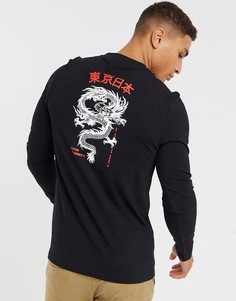 Черная обтягивающая футболка из органического хлопка с длинными рукавами и принтом дракона на спине ASOS DESIGN-Черный