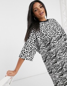 Черно-белое платье-футболка со звериным принтом ASOS DESIGN-Мульти