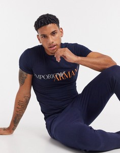 Сине-оранжевая футболка для дома с логотипом Emporio Armani-Темно-синий