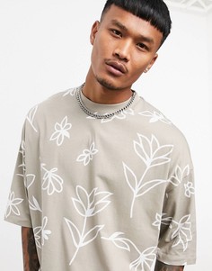 Бежевая oversized-футболка с цветочным принтом ASOS DESIGN-Бежевый