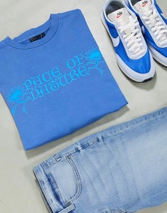 Плотная футболка в стиле oversized с цветочным принтом и эффектом кислотной стирки ASOS DESIGN-Синий