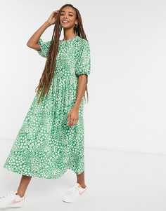 Ярко-зеленое платье миди с цветочным принтом ASOS DESIGN-Зеленый