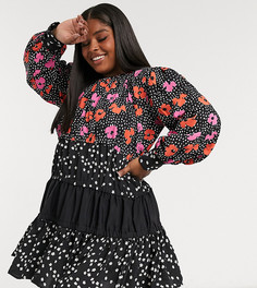 Ярусное платье мини в горошек/с цветочным принтом ASOS DESIGN Curve-Мульти