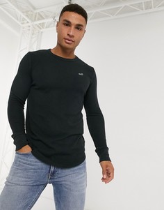 Черный лонгслив вафельной текстуры с закругленным краем Hollister-Синий