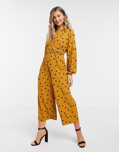 Коричневый комбинезон в горошек с запахом ASOS DESIGN-Мульти