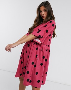 Свободное малиновое платье мини с оборками на рукавах в черный горошек ASOS DESIGN-Розовый