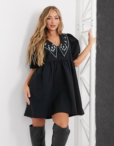 Черное свободное платье мини с круглым воротником и вышивкой ASOS DESIGN-Черный
