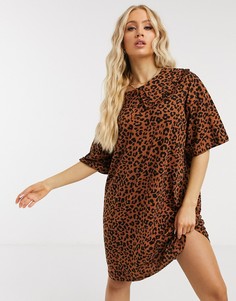 Чайное платье мини с большим воротником и леопардовым принтом ASOS DESIGN-Коричневый