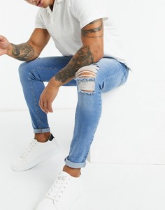 Стретчевые облегающие джинсы с рваными коленями ASOS DESIGN-Синий