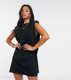 Черное платье-футболка мини без рукавов с подплечниками ASOS DESIGN Petite-Черный