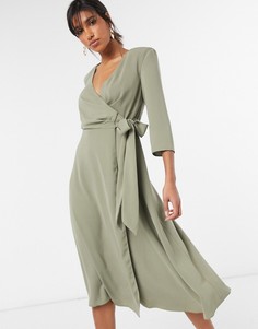 Платье миди хаки с запахом и подплечниками ASOS DESIGN-Зеленый