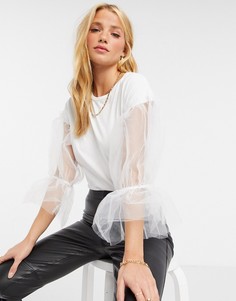 Белая футболка с сетчатыми объемными рукавами River Island-Белый