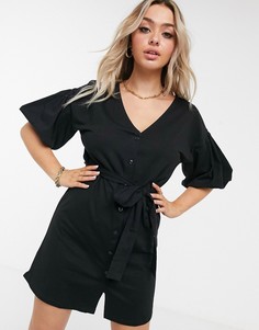 Черное платье мини с поясом и объемными плечами ASOS DESIGN-Черный