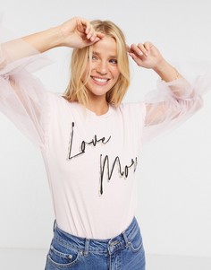 Розовая футболка с сетчатыми рукавами и надписью "love more" River Island-Розовый