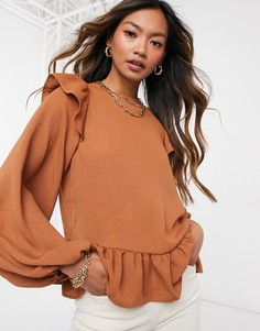 Лонгслив ASOS DESIGN c оборками в темно-рыжем цвете-Бесцветный