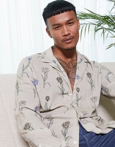 Светло-бежевая рубашка классического кроя с цветочным принтом ASOS DESIGN-Бежевый