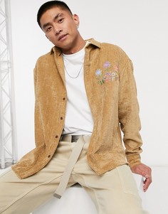 Светло-коричневая вельветовая рубашка в стиле 90-х с вышивкой ASOS DESIGN​​​​​​​-Бежевый