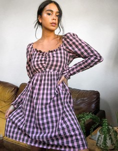 Розовое платье мини в клетку с пышными рукавами Violet Romance-Мульти