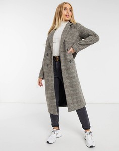 Коричневое двубортное шерстяное пальто в клетку Monki-Коричневый