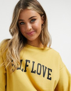 Желтый свитшот с надписью "self love" New Look