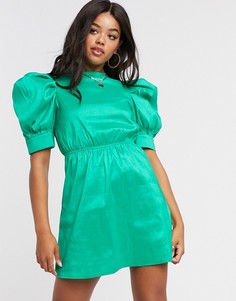 Зеленое платье мини из сатина с объемными рукавами Girl In Mind-Зеленый