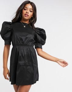 Черное сатиновое платье мини с объемными рукавами Girl In Mind-Черный