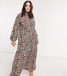 Платье с высоким воротником, длинным рукавом, многоярусной юбкой и леопардовым принтом Verona Curve-Коричневый