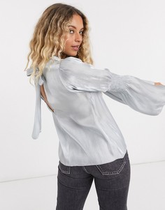 Голубая атласная блузка с присборенными рукавами Topshop-Синий