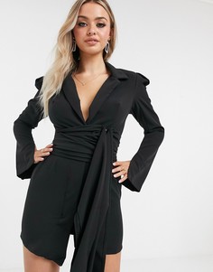 Черное платье-пиджак из крепа с подплечниками и поясом I Saw It First-Черный