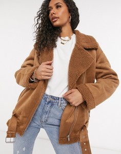 Бежевое пальто-авиатор из искусственной замши NA-KD-Бежевый