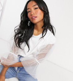 Белая футболка с сетчатыми рукавами-оборками River Island Petite-Белый
