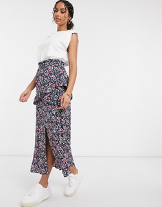 Синяя юбка миди с цветочным принтом и оборкой River Island-Синий