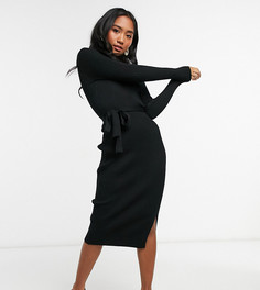 Черное платье миди в рубчик с поясом New Look Petite-Черный