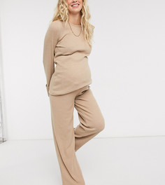 Широкие брюки бежевого цвета в рубчик от комплекта Pieces Maternity-Бежевый
