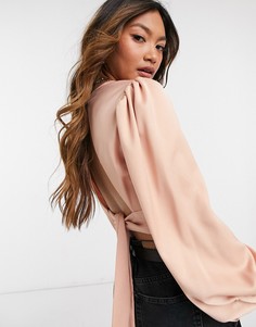Бледно-розовая блузка с завязкой и высоким воротником River Island-Розовый
