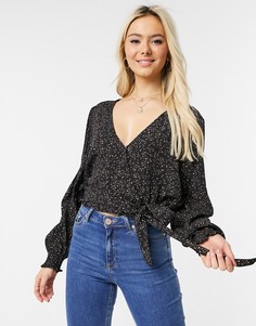 Черная блузка с цветочным принтом и запахом Cotton:On-Черный