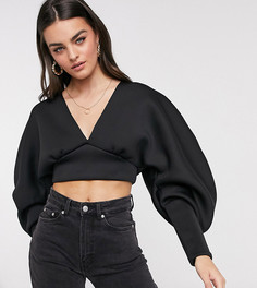 Эксклюзивный кроп-топ черного цвета с глубоким вырезом и объемными рукавами True Violet-Черный