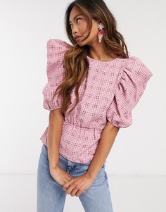 Розовая клетчатая блузка с пышными рукавами Miss Selfridge-Розовый