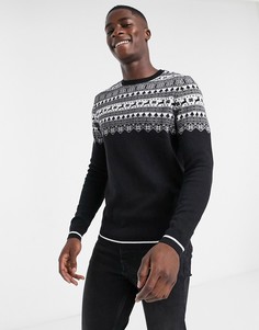 Черный жаккардовый джемпер с узором Фэр-Айл и вязаной кокеткой ASOS DESIGN