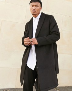 Черное пальто с добавлением шерсти с поясом ASOS DESIGN-Черный