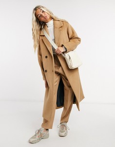 Бежевое двубортное пальто из шерсти с разрезами по бокам Selected Femme-Светло-коричневый