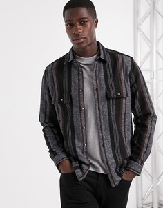 Свободная рубашка в широкую полоску из ткани с добавлением шерсти ASOS DESIGN-Черный