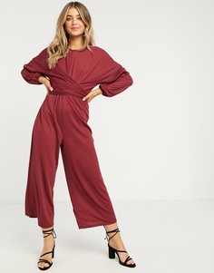 Сливовый трикотажный комбинезон с запахом и длинными рукавами ASOS DESIGN-Фиолетовый