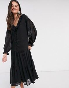 Черное платье макси с пуговицами и оборками ASOS DESIGN-Черный