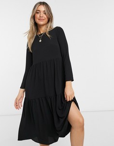 Черное ярусное платье миди свободного кроя с длинными рукавами ASOS DESIGN-Черный
