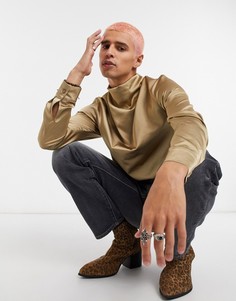 Атласная рубашка классического кроя со свободным воротом ASOS DESIGN-Коричневый