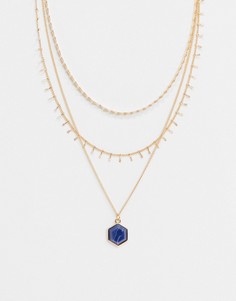Золотистое ярусное ожерелье с синим камнем ASOS DESIGN-Золотой