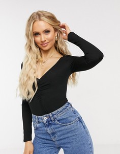Черное боди с V-образным вырезом, длинным рукавом и сборками ASOS DESIGN-Черный