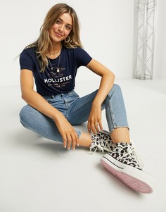 Темно-синяя футболка с логотипом Hollister спереди-Синий