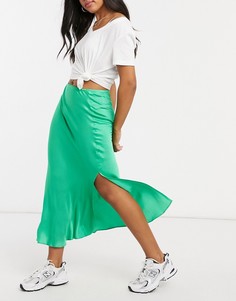 Зеленая атласная юбка миди с разрезом сбоку River Island-Зеленый